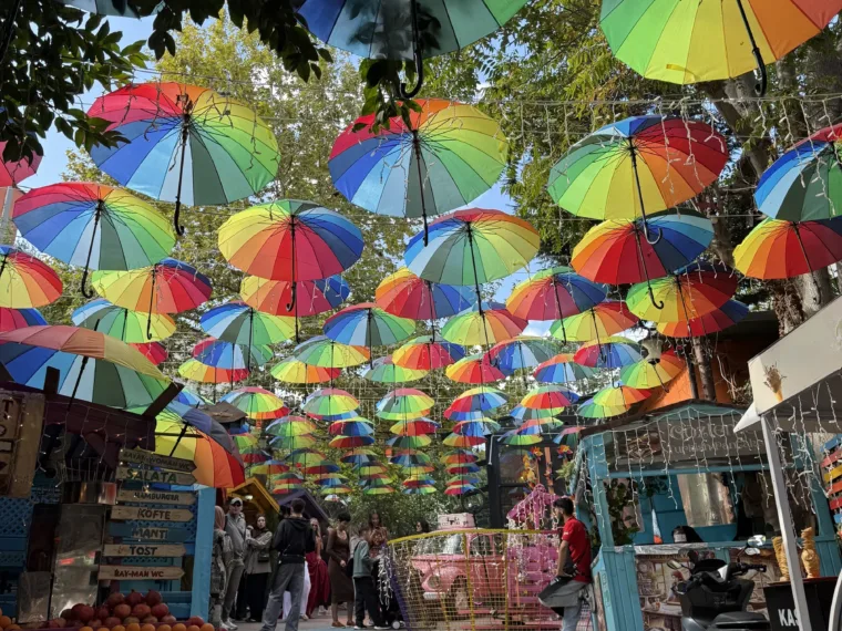 Coloured umbrellas strung above a lane in Balat