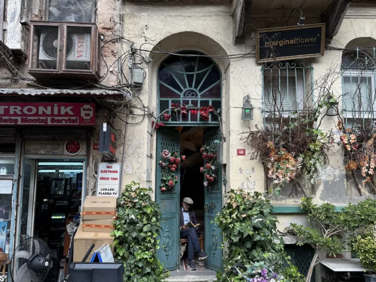 An antique shop on a Balat street corner, with a bicycle outside