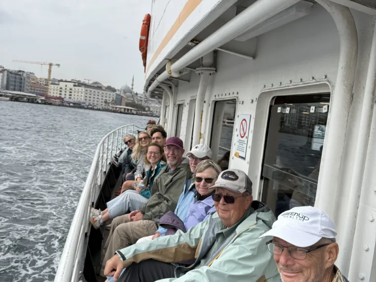 Guests on the ferry with the old city behind them, on the Istanbul Morning Food Tour