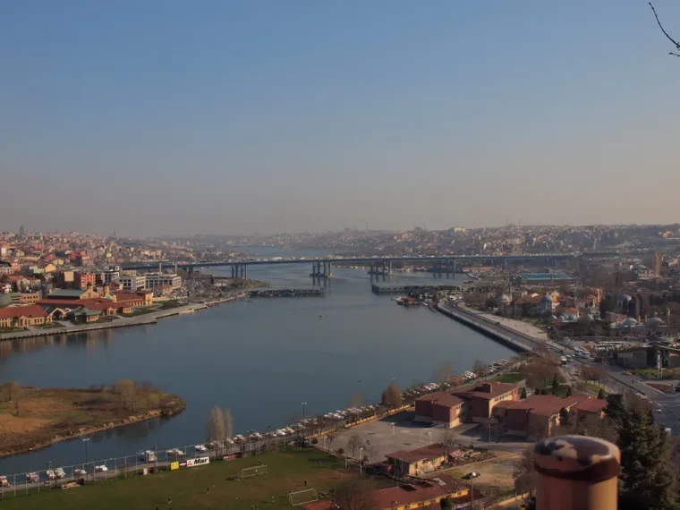 The Golden Horn seen from above with the bridges crossing it