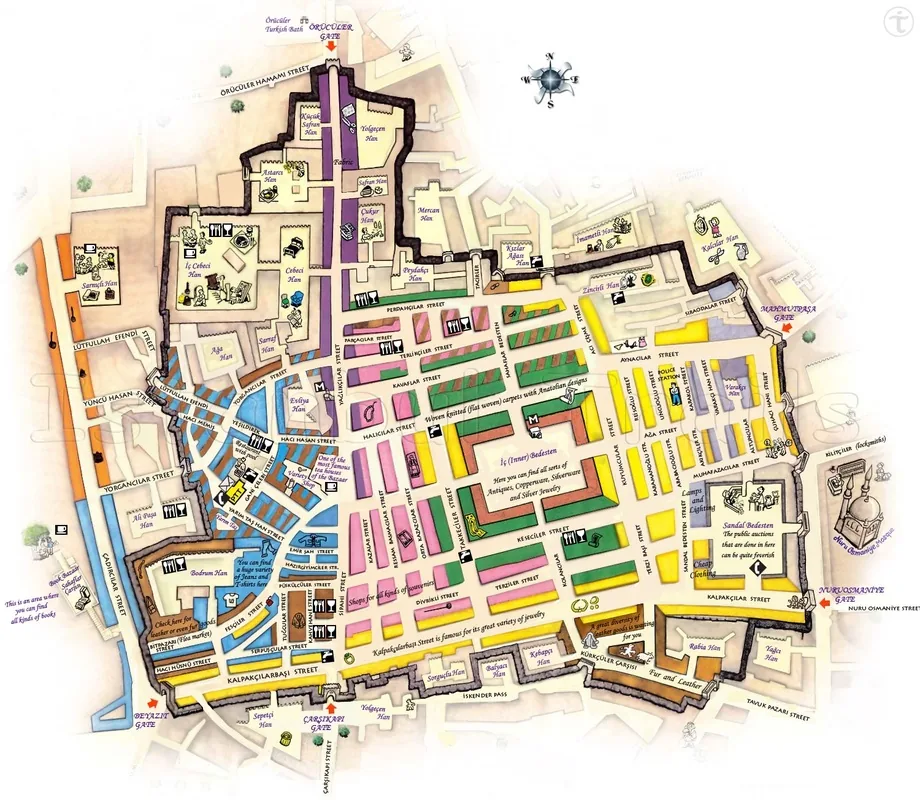 A hand drawn plan of the Grand Bazaar showing its streets and gates