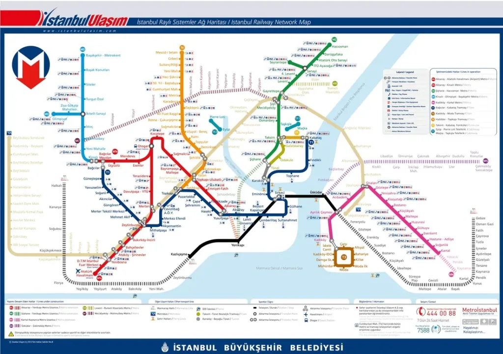 The Istanbul metro, tram and rail network map