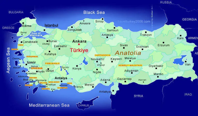 A map of Turkey showing Istanbul, Ankara, Anatolia and the coasts