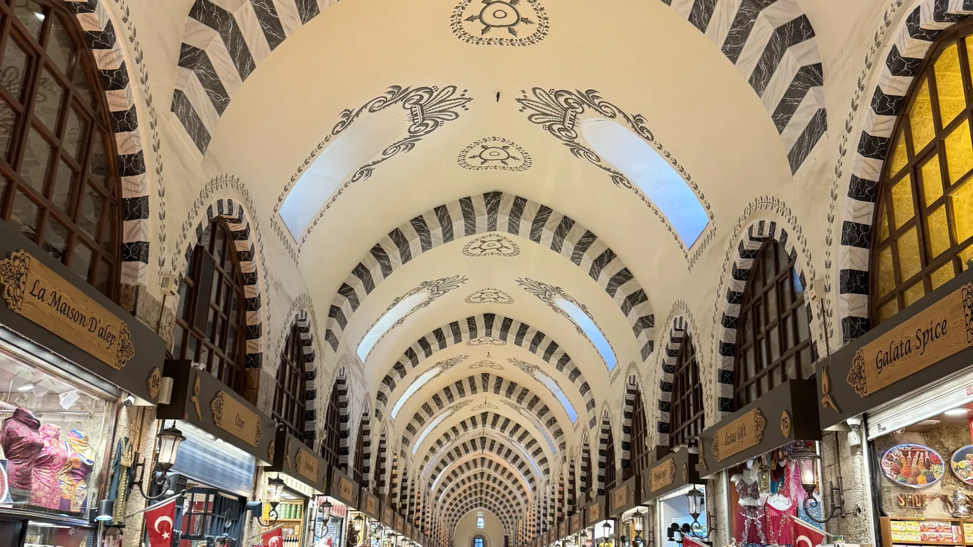 The vaulted arcade of the Spice Bazaar seen down its length