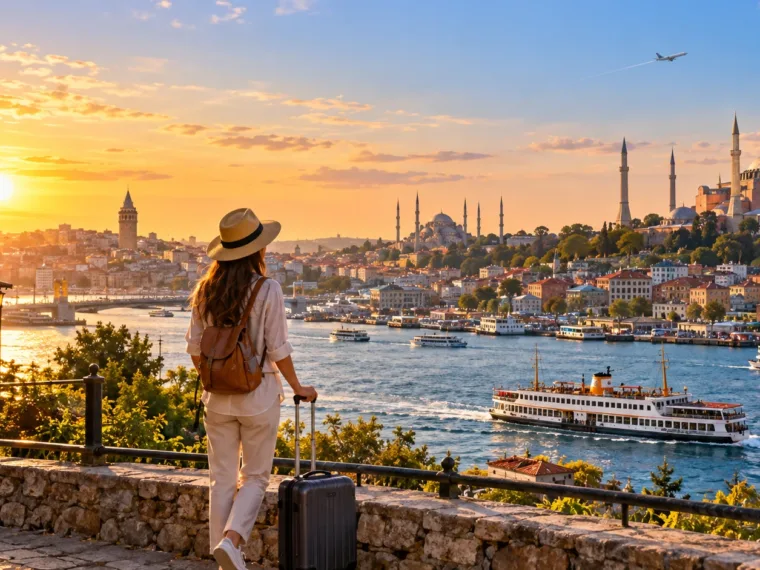 A traveller with a suitcase looking out over the water at the Istanbul skyline at sunset
