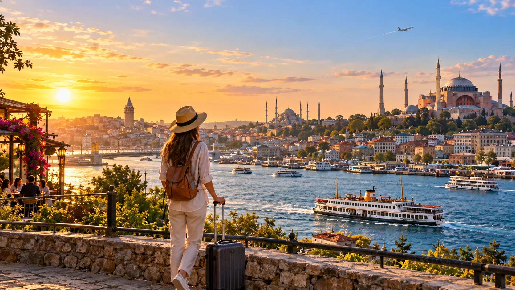 A traveller with a suitcase looking out over the water at the Istanbul skyline at sunset