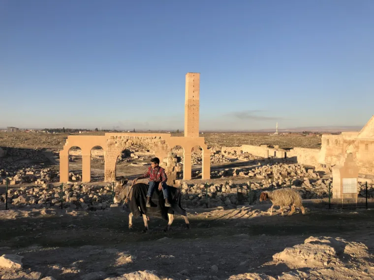 A rider on horseback among the arches and fallen stone of the Harran ruins