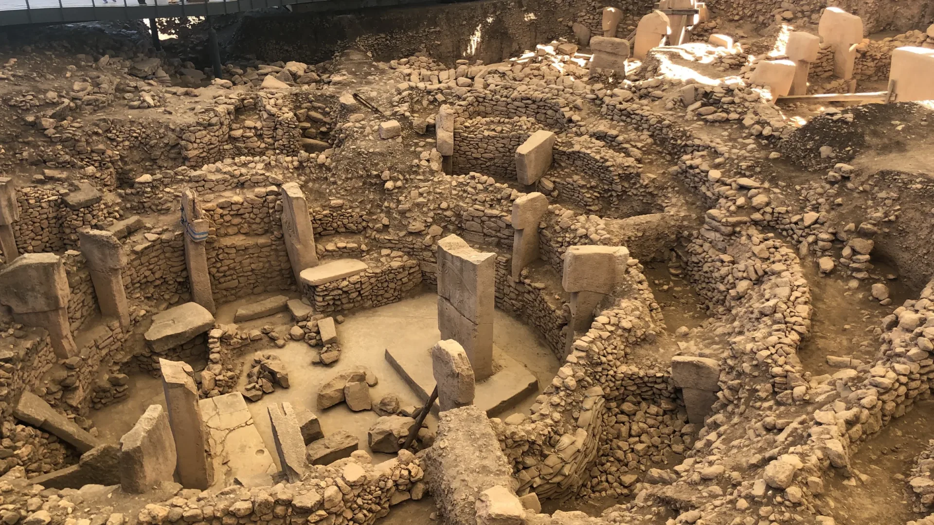 The T shaped pillars standing in a circular enclosure at Göbekli Tepe