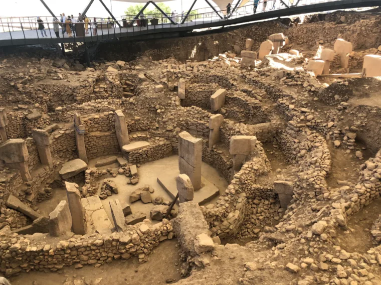 The T shaped pillars standing in a circular enclosure at Göbekli Tepe