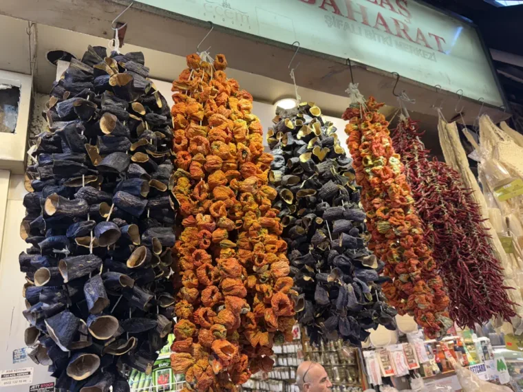 Strings of dried aubergine and peppers hanging outside a spice shop