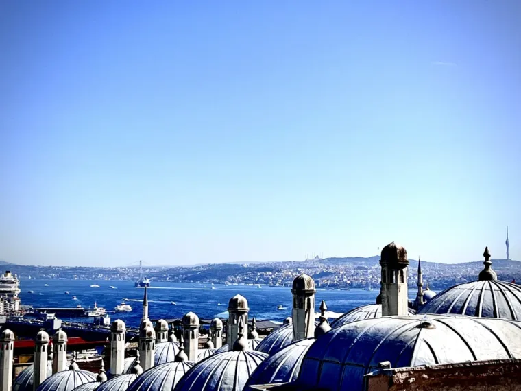 Mosque domes in the foreground with the Bosphorus behind