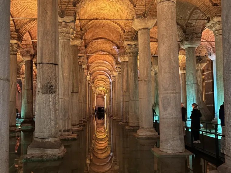Rows of columns receding into the darkness of the Basilica Cistern