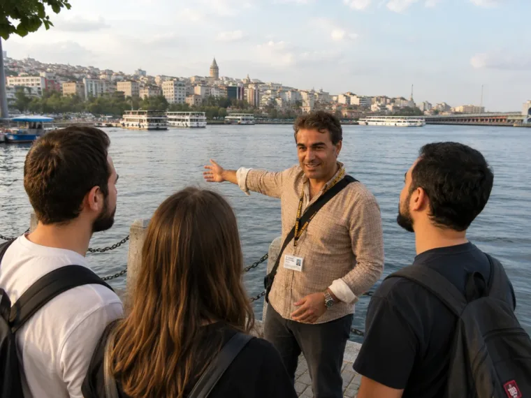 Salih explaining the Golden Horn to guests at the start of the tour, with Galata Tower across the water